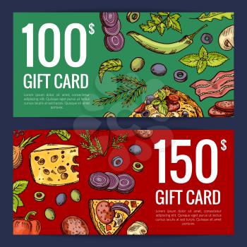Vector pizza restaurant or shop giftcard or discount templates of set illustration