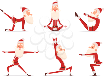 Santa yoga relax. Winter cute healthy christmas holiday santa claus outdoor doing sport yoga exercises vector characters. Claus yoga to christmas and new year illustration
