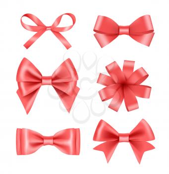 Bow with ribbons. Satin silk decoration for celebration or party vector realistic pictures. Illustration of ribbon tape 3d, strip thin and thick satin