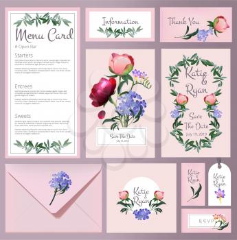 Wedding cards. Floral cards invitation wedding vintage backgrounds botanical frames vector template. Illustration of menu and wedding card, save the date and invitation