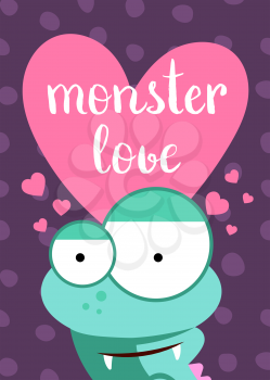 Vector Valentines Day card with heart, cute monster and lettering on circles background. Cute character illustration