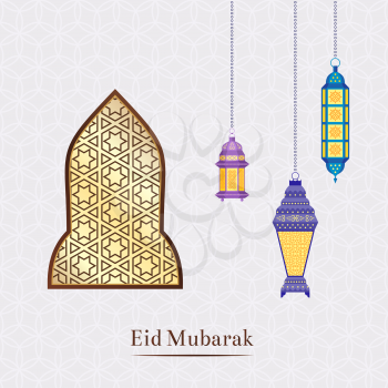Vector Ramadan illustration with hanging lanterns and arabic motif window on arabic pattern background. Arabian islamic kareem celebration