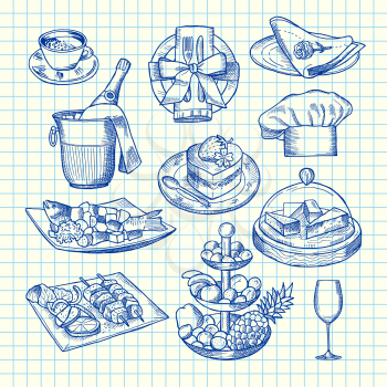 Vector hand drawn restaurant or room service elements set on blank cell sheet illustration