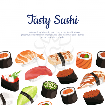 Vector cartoon sushi types background with place for text illustration