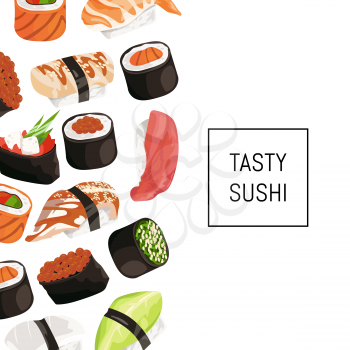 Vector cartoon sushi types background with place for text. Japanese food sushi banner and poster illustration