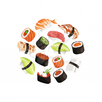 Vector cartoon sushi types circle concept illustration. Japanese food and asian cuisine, roll and seafood sushi