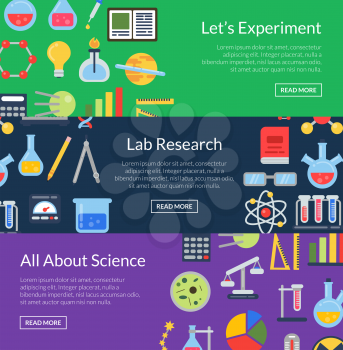 Vector web banner templates with flat style science icons. Illustration of science and research banner