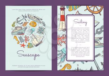 Vector card or brochure template with colored and sketched sea elements illustration