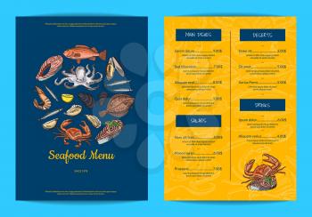 Vector vertical menu template for restaurant, shop or cafe with hand drawn seafood elements illustration