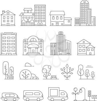 Buildings and urban objects. Vector linear pictures of cars, house and urban trees. Illustration of urban house architecture, construction and transport