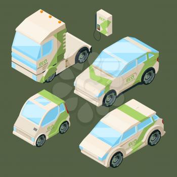 Isometric electric cars. Various eco cars isolated. Eco car, electric automobile and electricity ecological. Vector illustration