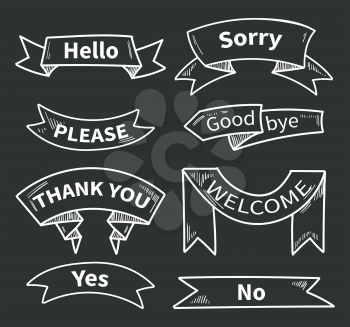 Dialog words on ribbons. Short phrases. Thank you and hello, please and yes, sorry and welcome. Ribbon sticker thank you on chalkboard. Vector illustration