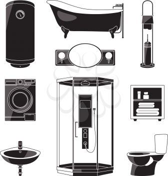Monochrome illustrations of bathroom furniture and others sanitary symbols. Vector black pictures isolated. Bathroom furniture bath and toilet