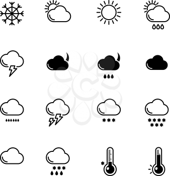 Mono line icons set. Weather symbols. Wind, rain and sunny illustration. Monochrome symbol weather, snowflake and sun