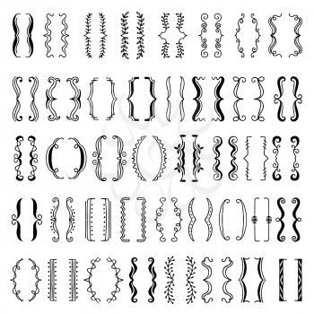 Hand drawn vector illustrations of square brackets in different styles. Bracket collection doodle, hand drawn curve brackets for message