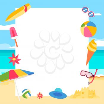 Beach background. Summer concept with cartoon elements. Summer banner concept, vector illustration