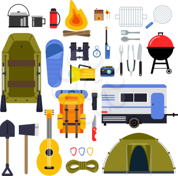 Camping equipment for travel. Hiking accessories vector icon set in flat style. Guitar and boat, trailer and flashlight, tourism travel adventure, equipment for hiking illustration