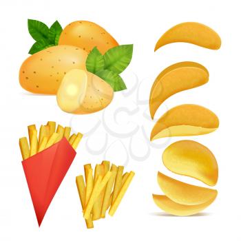 Vector illustrations of snacks or chips. Pictures in cartoon style of fried potato. Cartoon potato snack, fast food delicious tasty in paper box