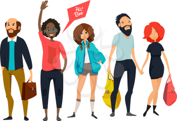 Group of young hipsters. Male and female characters in casual style clothes. Vector cartoon mascot illustrations. Young hipster group girl and boy, woman and man