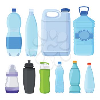 Glass and plastic bottles of different types for alcohol and water. Plastic bottle with water collection, illustration of transparent container