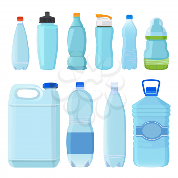 Plastic bottles for water of different types and sizes. Set of bottle transparent. Vector illustration