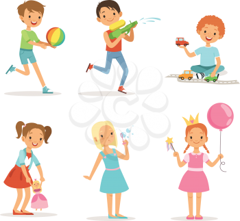 Happy children playing with funny toys on playground. Vector illustrations isolated. Child happy and funny, magic wand and princess with crown