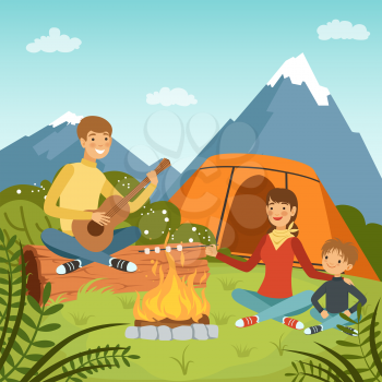 Family camping in the wood near big mountains. Nature vector background illustrations. Mom and dad with son summer tourism
