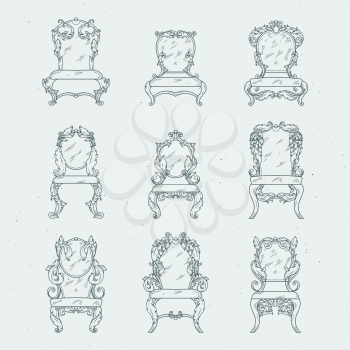 Antique italian chairs and armchair. Vector furniture isolated in white. Old furniture chair for interior home, vintage victorian chair illustration