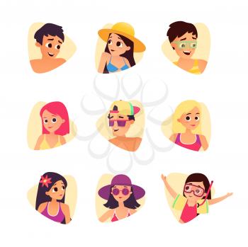 Set of summer cartoon characters. People avatars, summer girl and boy. Vector illustration