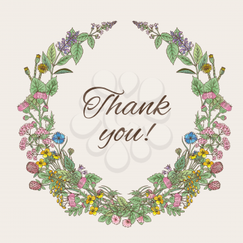 Thank you card. Inscription inside the wreath of hand drawn herbs and flowers. Wreath frame flower for invitation wedding decoration. Vector illustration
