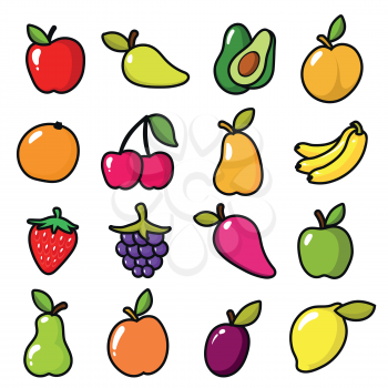 Collection of fruits in cartoon style. Fruit food cartoon, apple and lemon, banana and sweet pear. Vector illustration