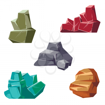 Set of rocks and crystals. Cartoon isometric 3D flat style mineral crystal and rock stone, vector illustration