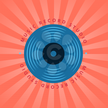 Retro sound record studio, vinyl music shop, club vector logo with vinyl record on sunburst background illustration