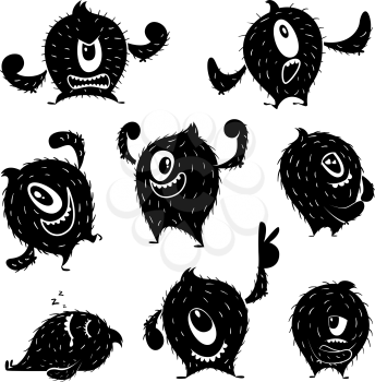 Character of funny monster in different action poses. Devil cute smile. Monochrome illustrations emotion fear and resentment, angry fantasy caricature vector