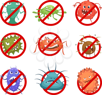 Red round signs with different bacteria and germs. Vector cartoon illustration. Ban microbe and virus microorganism