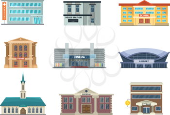 Different municipal buildings. Police station, school, hospital. Bank, business center and others. Vector pictures in cartoon style. Illustration of building architecture urban collection