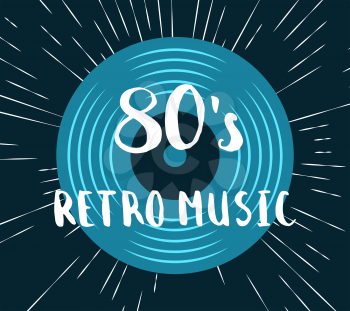 Vector 80s retro music vinyl record illustration on vintage sunburst background illustration