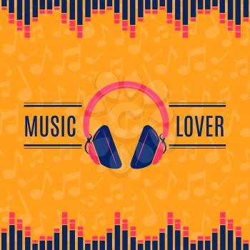 Vector music lover headphones illustration on musical notes background. Music listening lover earphone