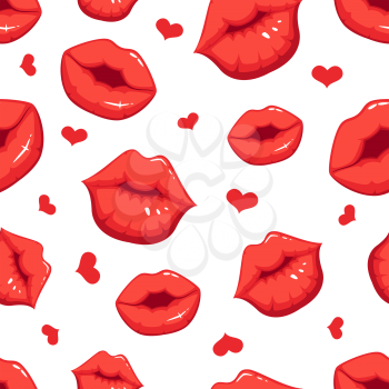 Print marks of female red lips. Vector seamless pattern with heart love and red lips kiss