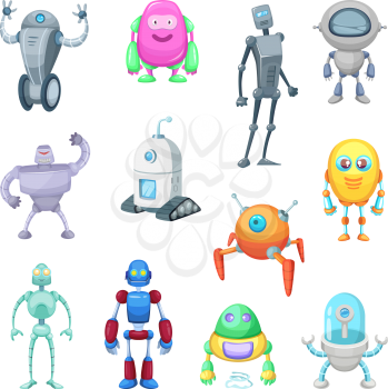 Characters of funny robots in cartoon style. Vector mascot set of androids and astronauts. Character machine android, robot with antenna illustration