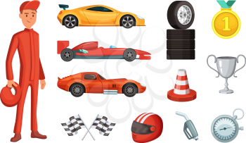 Sport cars and different racing icons set. Engine, helmet, motor and other formula symbols. Sport race competition formula vector illustration