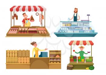 Local markets. Fresh farm foods, meat, bakery and milk. Shopping places isolated on white background. Market shop milk and meat, vegetables and fruit illustration