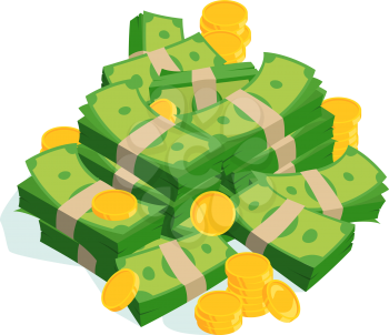 Very large bundles of money and coins. Vector isolated on white. Cash money finance green banknot and gold coins illustration