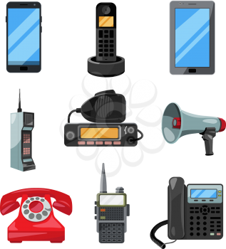 Different telephones, smartphones and other business communication tools. Vector contact symbols loudspeaker and portable radio illustration