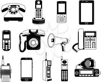 Silhouette of telephones and smartphones. Vector monochrome pictures. Illustration of phone and smartphone, equipment communication device