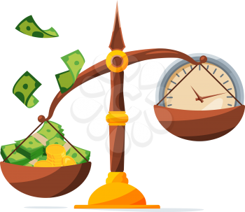 Save your money. Clock and money on scales. Investment concept. Time and money compare on scale, vector illustration