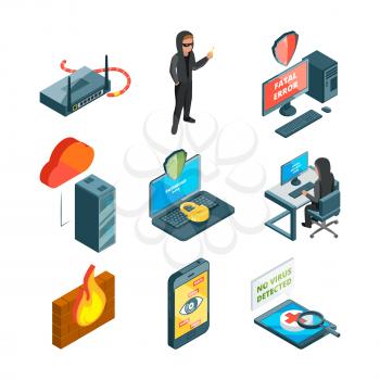 Icon set of internet security. Web protection. Hacker attack. Hacker and protection digital, vector illustration
