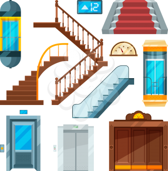 Elevators and stairs in different styles. Lift mechanisms in cartoon style. Elevator and lift, staircase and escalator, vector illustration