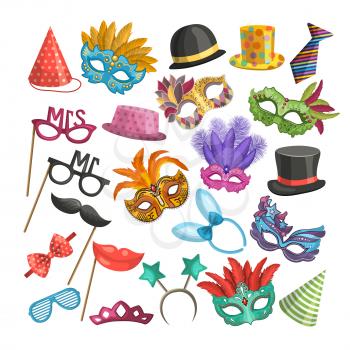 Different elements for carnival. Funny masks for masquerade. Vector illustrations in cartoon style. Masquerade mask, festival and carnival costume