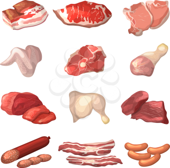 Different illustrations of meat. Marble beef, piece of lamb, and other food pictures in cartoon style. Steak pork, raw ham and fresh meat product vector